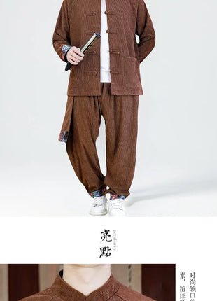2026 Uomini di Stile Cinese Retro Tang Vestito Da Uomo di Velluto A Coste Patchwork Set Stampato Int