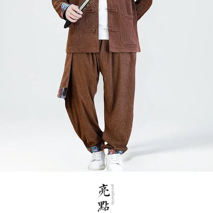 2026 Uomini di Stile Cinese Retro Tang Vestito Da Uomo di Velluto A Coste Patchwork Set Stampato Intrattenimento Musiche E Canzoni Mens Vintage Stampa Set Maschile Casual Kung Fu Vestito
