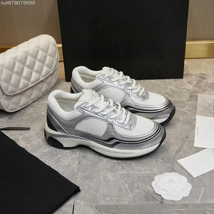 Unisex Retro Silver‑White Platform Sneakers Lace‑Up Mixed‑Material Comfort Streetwear Shoes For Male Female