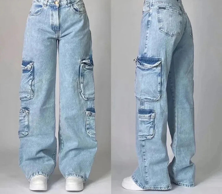 Street Vintage Jeans New Y2K Harajuku Wash Blue Multiple pockets Baggy Jeans Denim Pants Mens Womens High Waist Wide Trousers PlatiNum