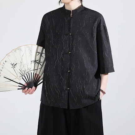 Camicia stile cinese da uomo lamina d'oro elegante vestibilità ampia camicie a maniche lunghe ispirate all'annata camicette sottili estive casual abbigliamento da uomo