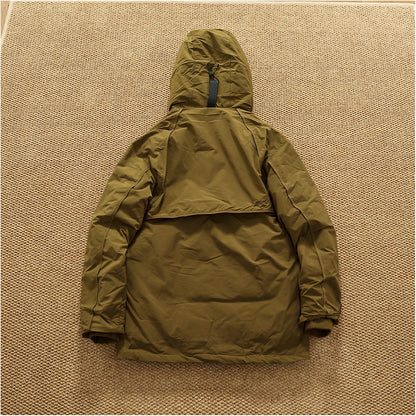 Piumino cargo imbottito in piuma d'anatra di media lunghezza retrò americano nuovo inverno con cappuccio Trench oversize spesso alla moda da uomo