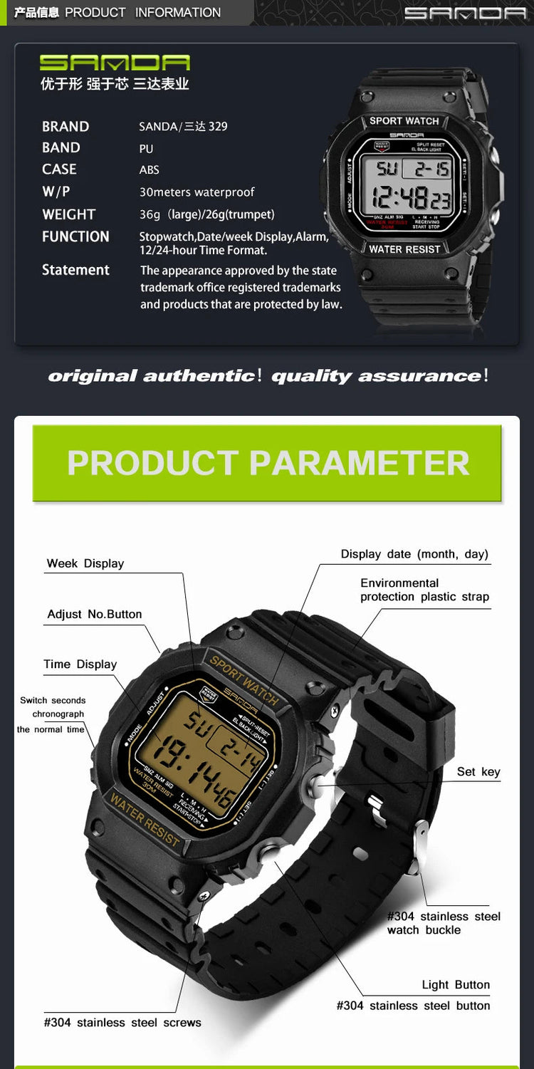 SANDA G Style LED Orologio digitale Unisex Antiurto Impermeabile Orologi sportivi Ragazzo Ragazza Cronometro Orologio elettronico a LED militare platinumshop