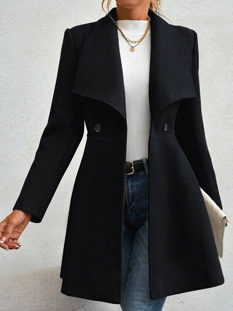 Women's Autumn Winter Yellow Woolen Coat Elegant Lapel Double Button Slim Fit Mid-Length Overcoat Casual Long Sleeve Outerwear F
