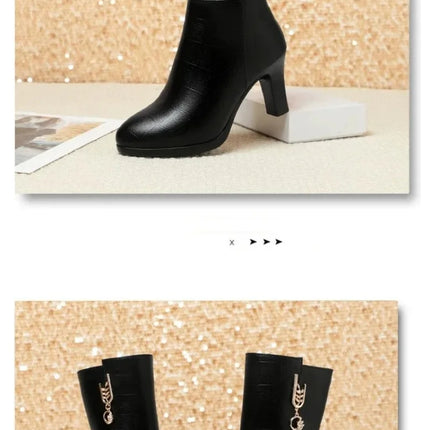 Women's Mid-calf Boots Temperament Pointed High Heeled Boots High Quality Casual Leather Boots for Women Plush Warm Winter Boot