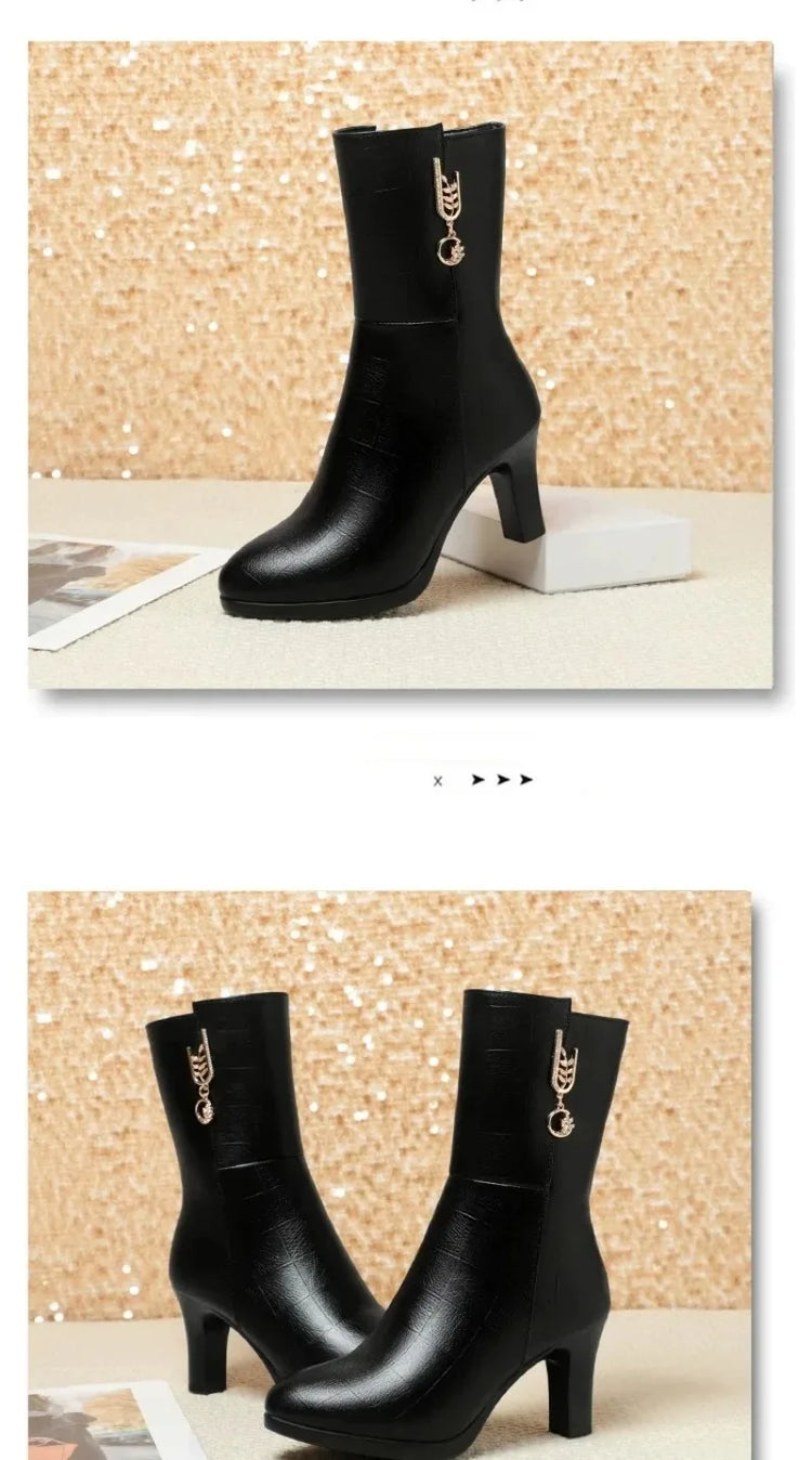 Women's Mid-calf Boots Temperament Pointed High Heeled Boots High Quality Casual Leather Boots for Women Plush Warm Winter Boot
