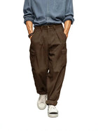 Men's Wide Leg Cargo Pants, Pleated Trousers, Multi‑Pocket Solid Brown Loose Fit Work Pants For Men Work Or Casual Daily Wear