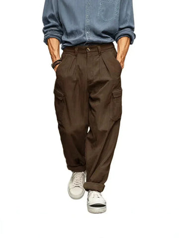 Men's Wide Leg Cargo Pants, Pleated Trousers, Multi‑Pocket Solid Brown Loose Fit Work Pants For Men Work Or Casual Daily Wear