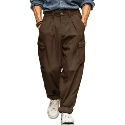 Men's Wide Leg Cargo Pants, Pleated Trousers, Multi‑Pocket Solid Brown Loose Fit Work Pants For Men Work Or Casual Daily Wear
