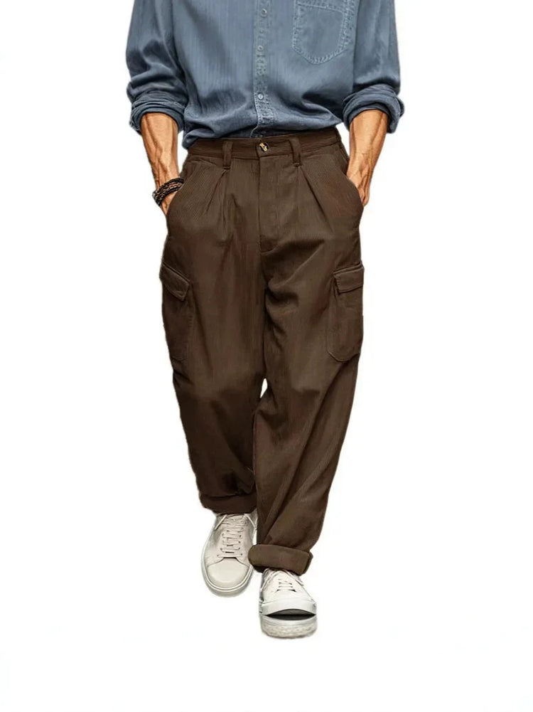 Men's Wide Leg Cargo Pants, Pleated Trousers, Multi‑Pocket Solid Brown Loose Fit Work Pants For Men Work Or Casual Daily Wear