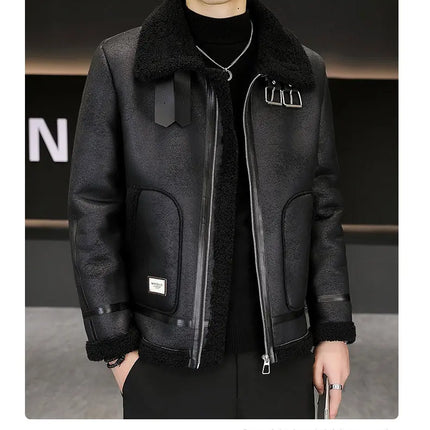 High-quality Faux Fur Leather Jackets Men Splicing Pockets Trend Casual Motorcycle Bike Jacket Winter Thick Warm Coat Streetwear