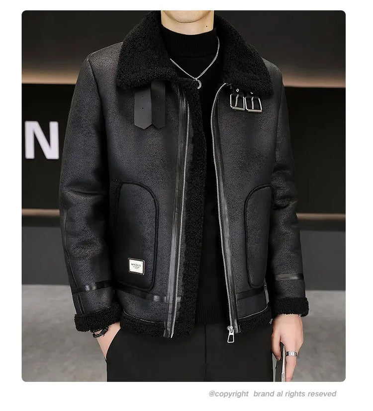 High-quality Faux Fur Leather Jackets Men Splicing Pockets Trend Casual Motorcycle Bike Jacket Winter Thick Warm Coat Streetwear