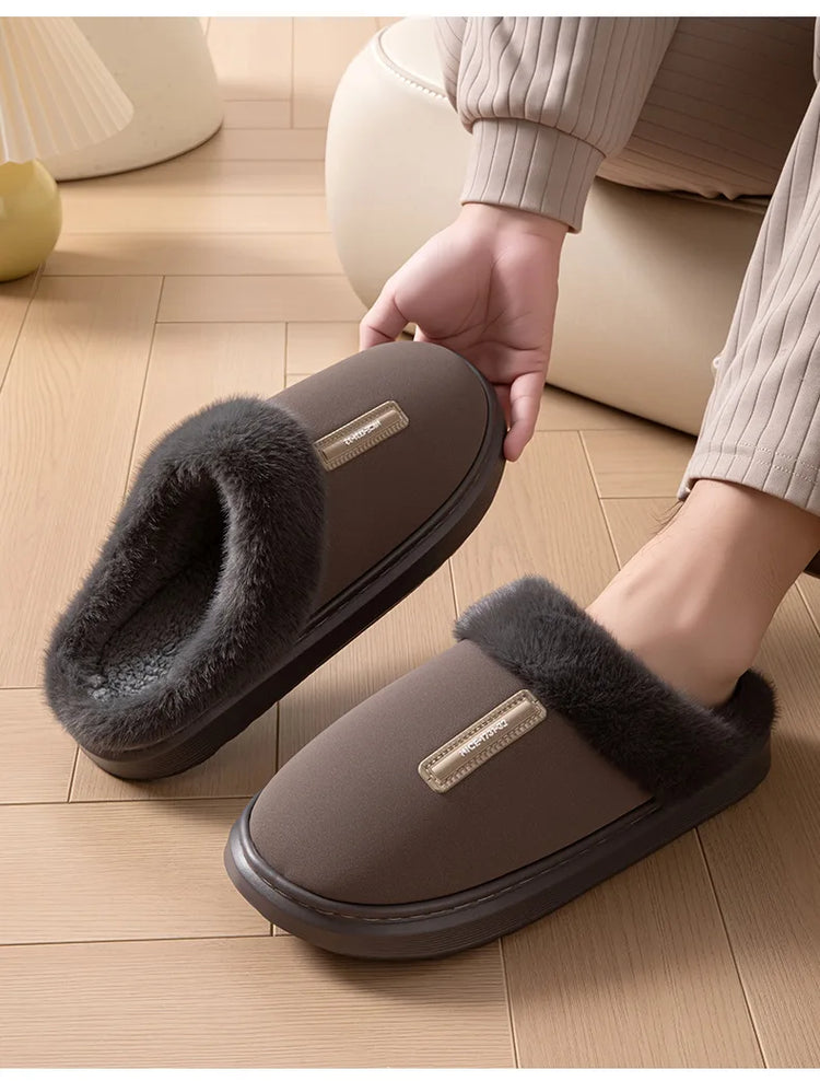 2026 New Large Size Mens Winter Cotton Slippers Thickened Non Slip Sole Indoor Home PU Plush Warm Slippers for Men