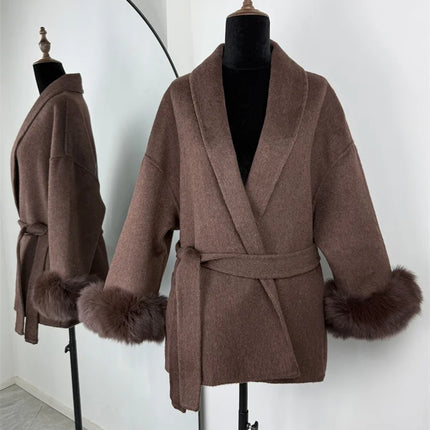 Tossy Fox Fur Wool Overcoat Women's Short Coat Office Lady Elegant Double-sided Woolen Coat 2025 New Cardigan Jackets Loose Wool
