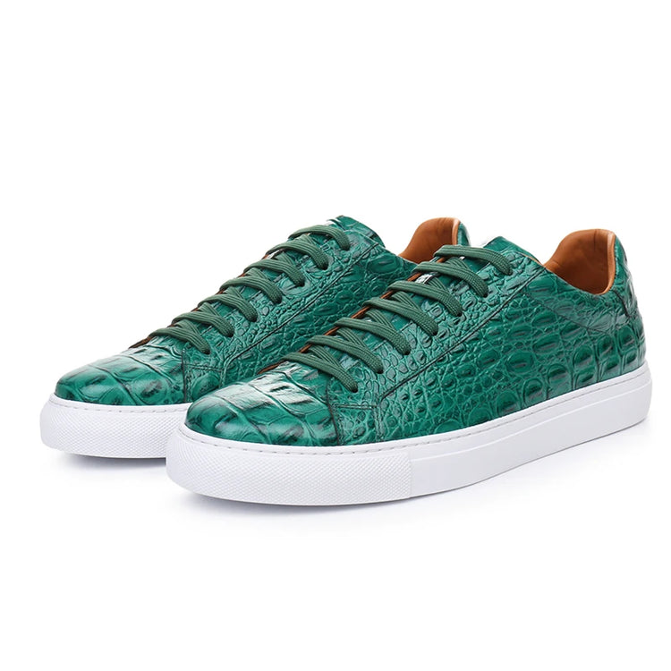 Leather Sneakers Men Calfskin Alligator Pattern Casual Shoes Lace Up Flats Daily Footwear