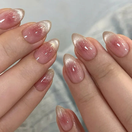 24Pcs Medium Almond Nude‑Pink 3D Textured Metallic Cat‑Eye French Sheer Press‑On False Nails For Nail Art Decor
