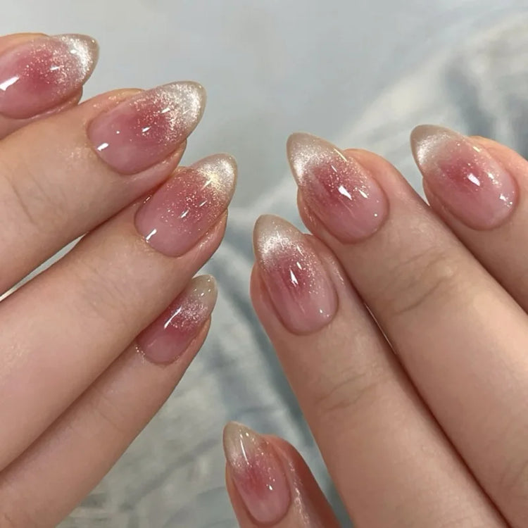 24Pcs Medium Almond Nude‑Pink 3D Textured Metallic Cat‑Eye French Sheer Press‑On False Nails For Nail Art Decor