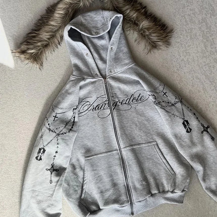 Winter Fashion Streetwear Women's Gothic Punk Faux Fur Hooded Jacket With Cross Print Trendy Edgy Zip - Up Sweatshirt 2026 New