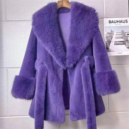 Luxury Brand Chic Faux Fur Coats Fur Collar Oversized with Belt Women Fur Jackets Winter Long Sleeve Outerwear Soft Coats New