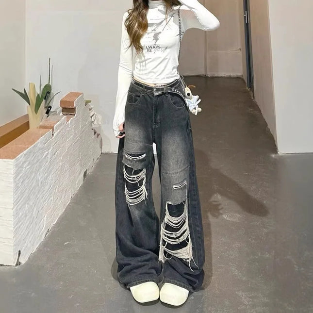 Women's Y2K Gothic Ripped Black Jeans, Aesthetic Loose Denim Pants, Harajuku Style Oversized Jeans, Vintage 2000s Clothing