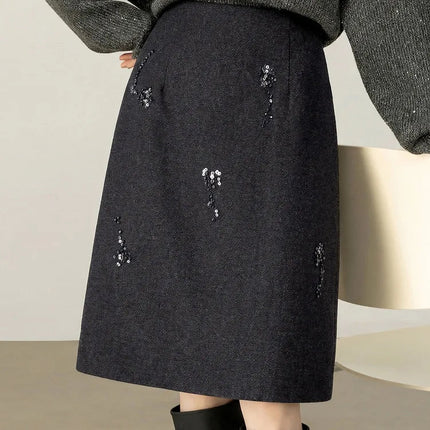 SENTUBILA Women's Straight Skirt 2025 Office Lady Wool Blend Sequin Beading Mid Length Skirt Winter Clothing for Women 154QF6318 PlatiNum