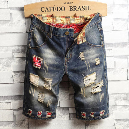 Men Ripped Short Jeans Summer Cotton Knee Length Shorts Breathable Vintage Denim Pants Painted Graffiti Streetwear Cargo Jeans PlatiNum