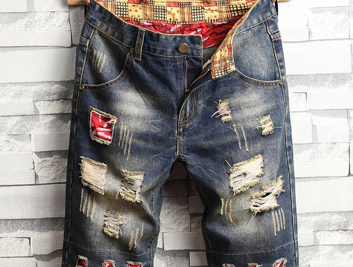 Men Ripped Short Jeans Summer Cotton Knee Length Shorts Breathable Vintage Denim Pants Painted Graffiti Streetwear Cargo Jeans PlatiNum