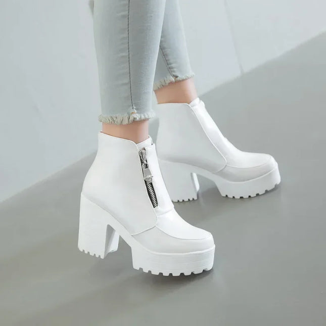Black White Platform Ankle Boots for Women High Heels Boots Ladies Zip Autumn Winter Booties Woman Boots Shoes Ladies Shoes