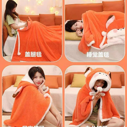 Winter Cartoon Fox Thick Wearable Blanket Nap Cloak Nightgown Office Blanket Adult Cloak