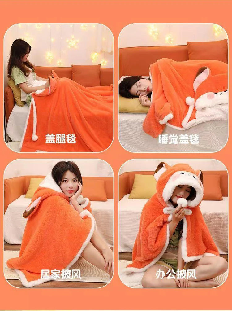 Winter Cartoon Fox Thick Wearable Blanket Nap Cloak Nightgown Office Blanket Adult Cloak