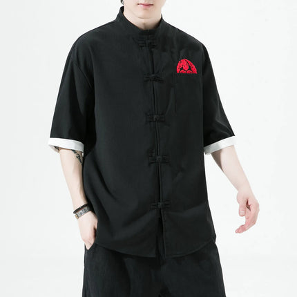 Camicie Retrò da Uomo Ricamate Stile Kung Fu Tai Chi, Camicie Casual a Maniche Corte, Stile Cinese in Lino Traspirante e Cotone per Uomo