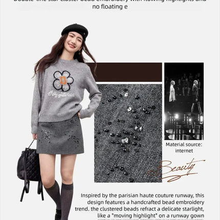 SENTUBILA Women's Sequin Skirt 2025 Elegant Wool Blend Bead Embroidery A Line Short Skirt Winter Thick Commute Clothes 161QA6559 PlatiNum