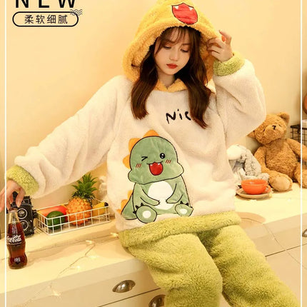 2024 New Plush Pajamas Set for Women Thick Hooded Women 2 Piece Clothes Set Cute Rabbit Women Pyjamas Coral Fleece Warm Homewear