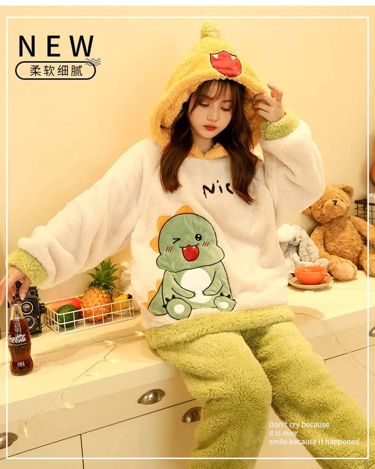 2024 New Plush Pajamas Set for Women Thick Hooded Women 2 Piece Clothes Set Cute Rabbit Women Pyjamas Coral Fleece Warm Homewear