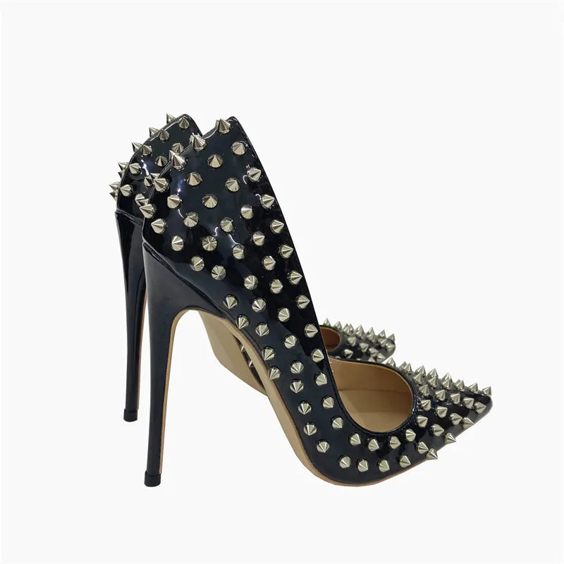 Super Thin Heel 8 10 12CM Sexy All Spikes Rivets Women Pumps Pointed Toe Super High Heels Party Nightclub Fashion Shoes Size 46