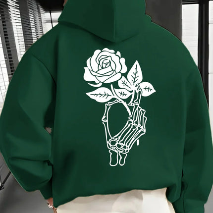 Gothic Skeleton Hand Holding Rose Large Back Print Hoodie Pullover Unisex Loose Fleece Lined Autumn Winter