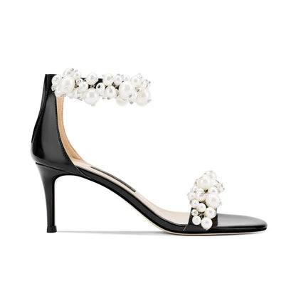 Summer new leather pearl ribbon sexy open-toe wedding shoes thin high-heeled banquet dress small size bag heel women's sandals