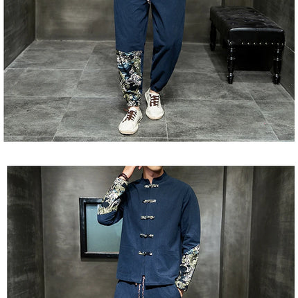 Completo Due Pezzi da Uomo, Nuovo Stile Primaverile in Lino, Comodo Completo Retrò Tang in Cotone Patchwork, Camicia Casual e Giacca Stampata Kung Fu