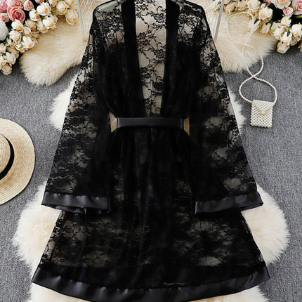 Vestido de talla grande de encaje negro con ribetes de satén: lazo en la cintura, tejido transparente para un elegante y sexy atuendo de estar en casa.seksi iç çama beheları kadın