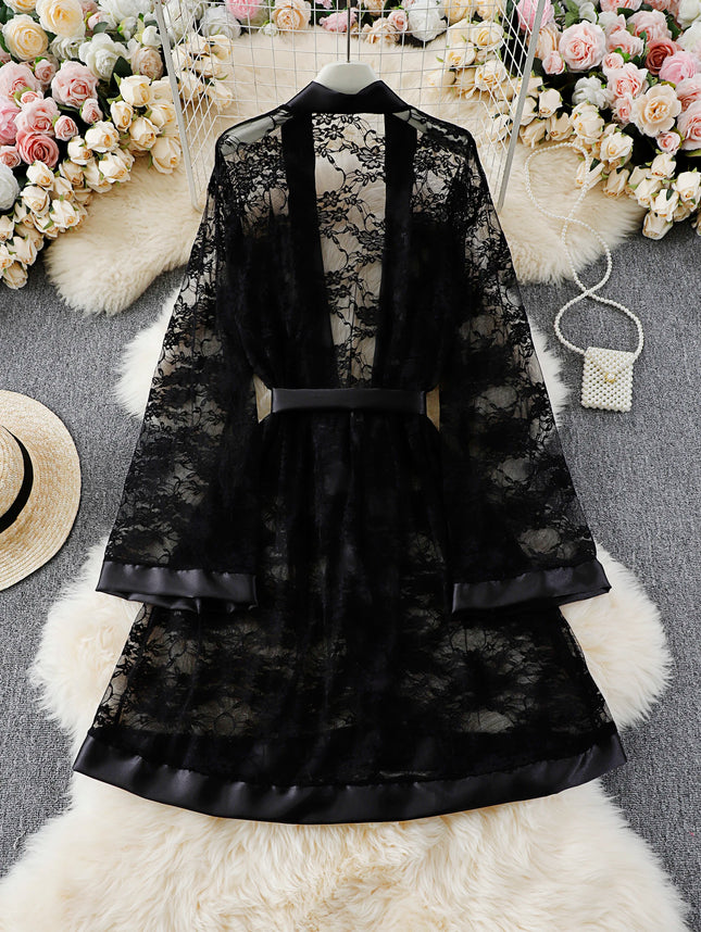Plus size black lace dress with satin trim: tie waist, sheer fabric for ele