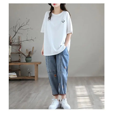 Jeans Strappati a Nove Punti da Donna, Nuovi Pantaloni Harem Casual Sottili con Vita Elastica, Lunghi alla Caviglia, in Denim, per l'Estate 2026