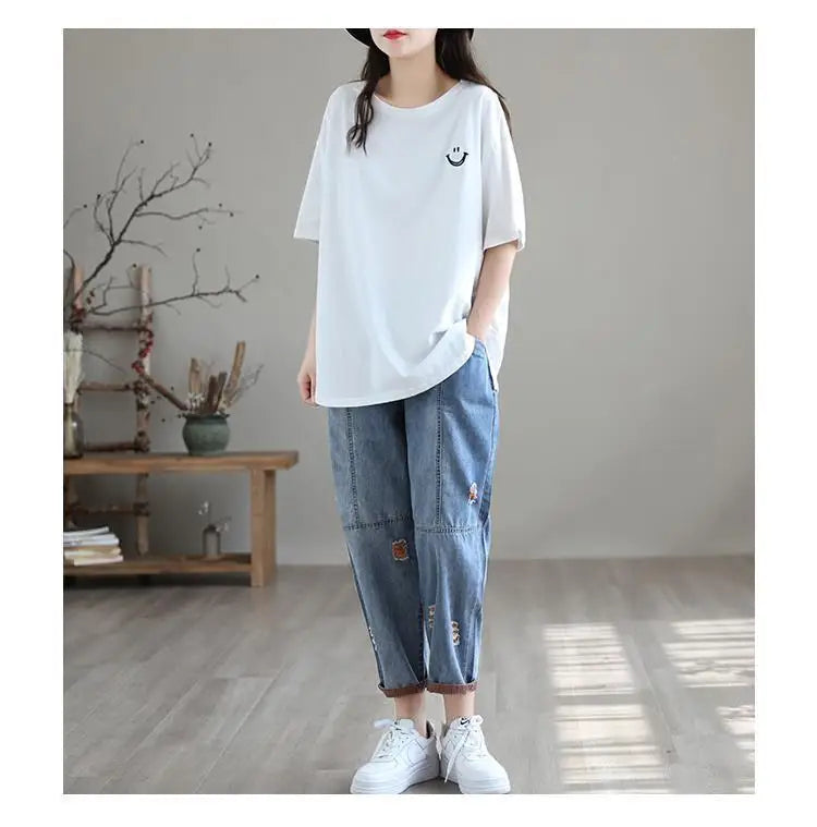 Jeans Strappati a Nove Punti da Donna, Nuovi Pantaloni Harem Casual Sottili con Vita Elastica, Lunghi alla Caviglia, in Denim, per l'Estate 2026