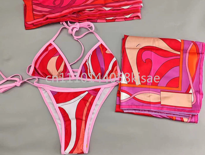 Set Bikini Rosso da Donna dal Design Classico, Costume da Bagno di Marca alla Moda con Fascia per Capelli platinumshop