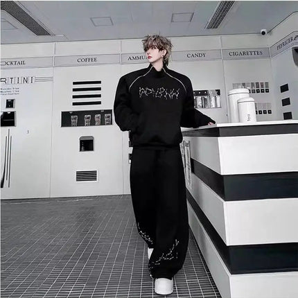 LUZHEN Fashion Street Two-piece Sets Men's Zipper Shoulder Design Long Sleeve Sweatshirt 2025 Autumn Loose Wide Leg Pants JY3912 PlatiNum