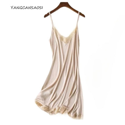 Abbigliamento primavera/autunno da donna 23% seta di gelso naturale allentato scollo a V pizzo slip camicia da notte tinta unita sexy abito base lavorato a maglia