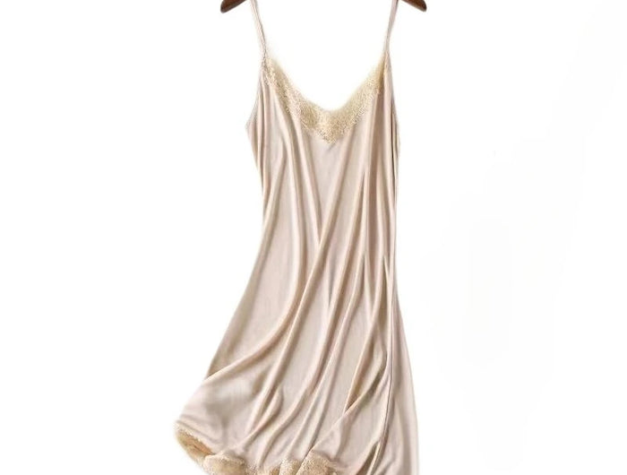 Abbigliamento primavera/autunno da donna 23% seta di gelso naturale allentato scollo a V pizzo slip camicia da notte tinta unita sexy abito base lavorato a maglia