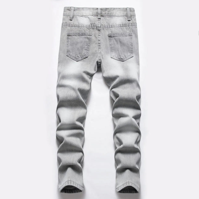 Jeans Boys Straight Ripped Children Washed Distressed Pockets Stretch Casual Denim Trousers Big Kids Streetwear 2025 Hole Pants PlatiNum
