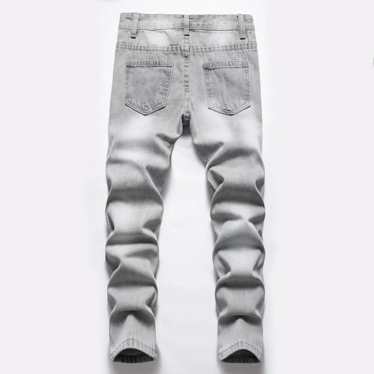 Jeans Boys Straight Ripped Children Washed Distressed Pockets Stretch Casual Denim Trousers Big Kids Streetwear 2025 Hole Pants PlatiNum