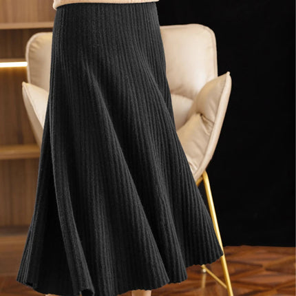 Elegant Women's Pleated Skirt 100% Merino Wool Skirt A-Line Long Skirt Soft Warm Autumn Winter Dress Slim Elastic Waist Office PlatiNum