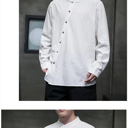 Camicie di lino in cotone Stile cinese Abito tradizionale retrò Tang Top da uomo Kung Fu Tai Chi Camicie casual a maniche lunghe in tinta unita da uomo